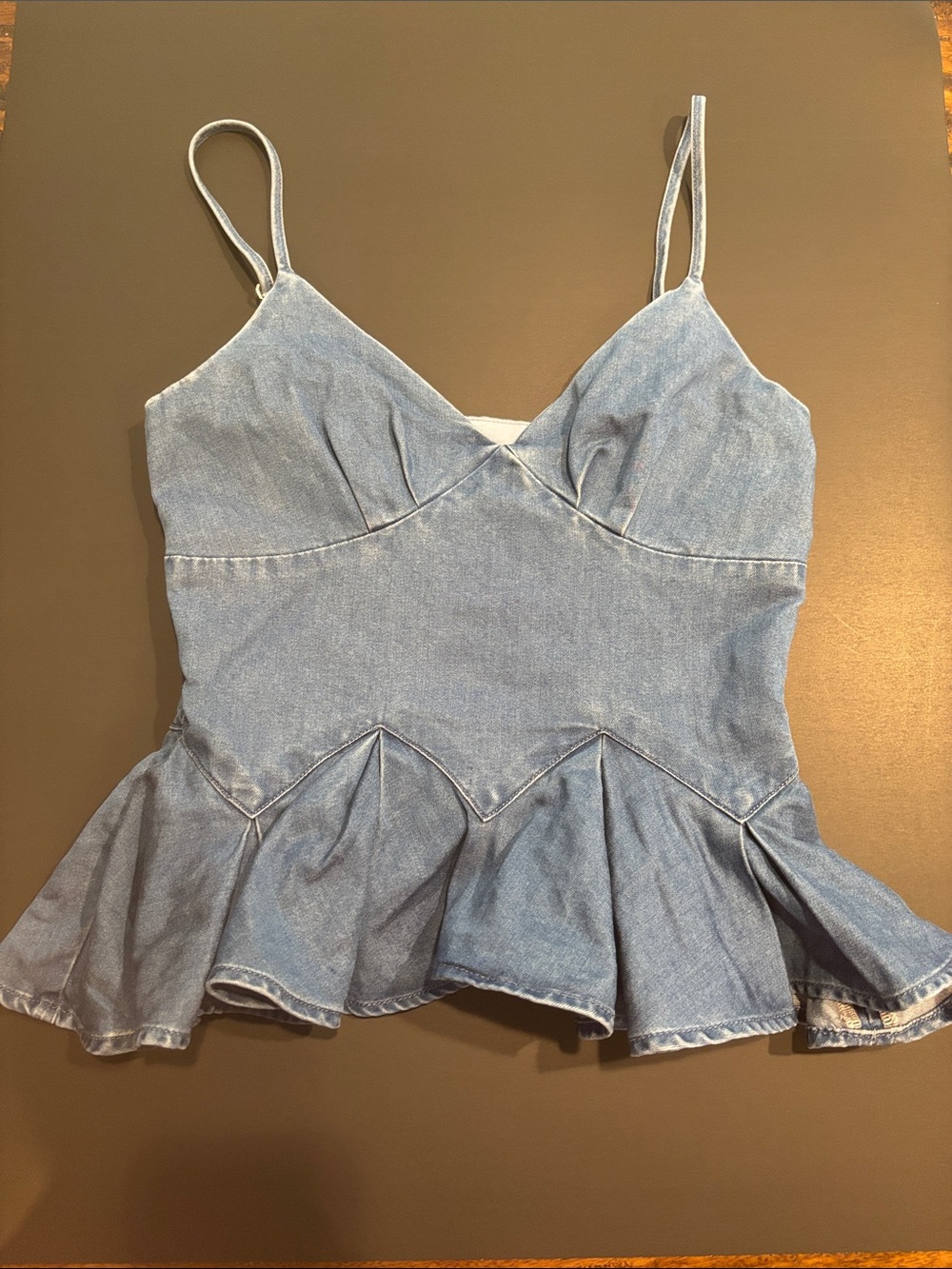 Urban Revivo Light Blue Denim Peplum Camisole Tank with Ruffle Hem